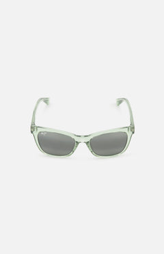 The MAUI JIM Hiwahiwa Butterfly Green Sunglasses feature rectangular polarized lenses and light green transparent frames, shown against a plain white background.