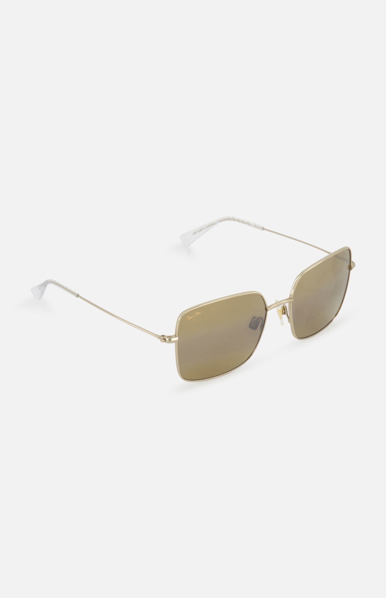 The MAUI JIM Lipine HCL Square Bronze Sunglasses feature thin gold metal frames with rectangular tinted lenses and minimalist slim temples, shown against a white background.