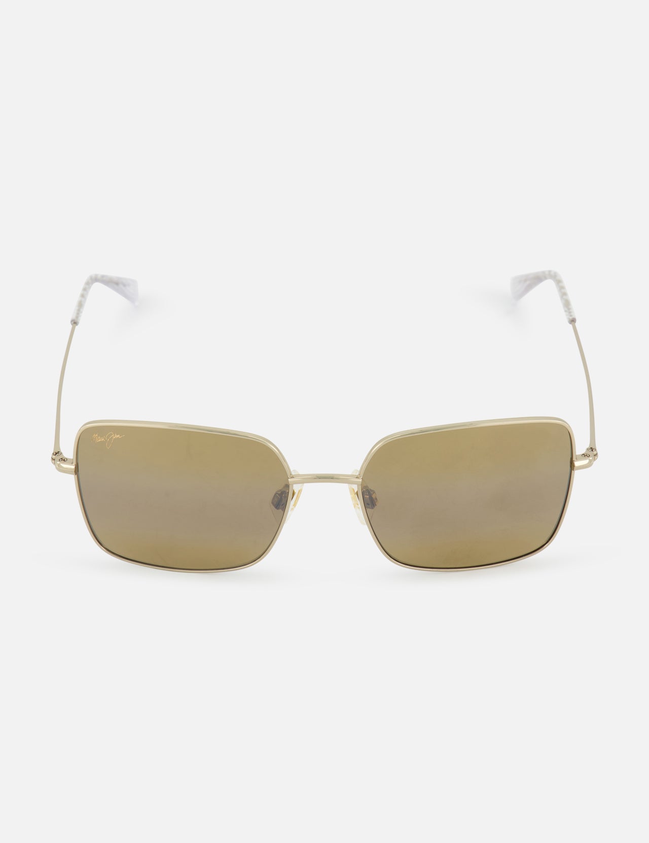 MAUI JIM Lipine HCL Square Bronze Sunglasses feature gold-tone frames, brown tinted lenses, thin metal arms with white plastic tips, and a lightweight design, all displayed against a plain white background.