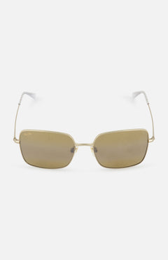 MAUI JIM Lipine HCL Square Bronze Sunglasses feature gold-tone frames, brown tinted lenses, thin metal arms with white plastic tips, and a lightweight design, all displayed against a plain white background.