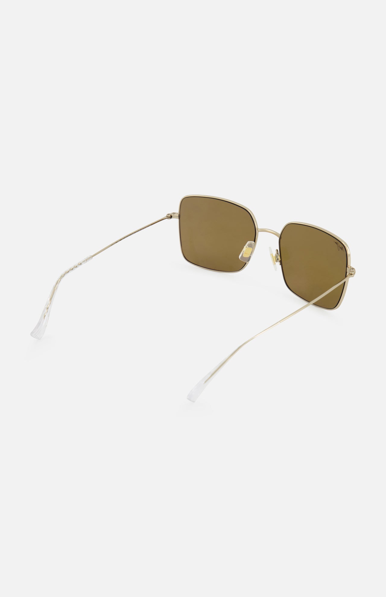 The MAUI JIM Lipine HCL Square Bronze Sunglasses feature thin gold metal frames, brown rectangular lenses, and clear plastic nose pads, shown against a white background.