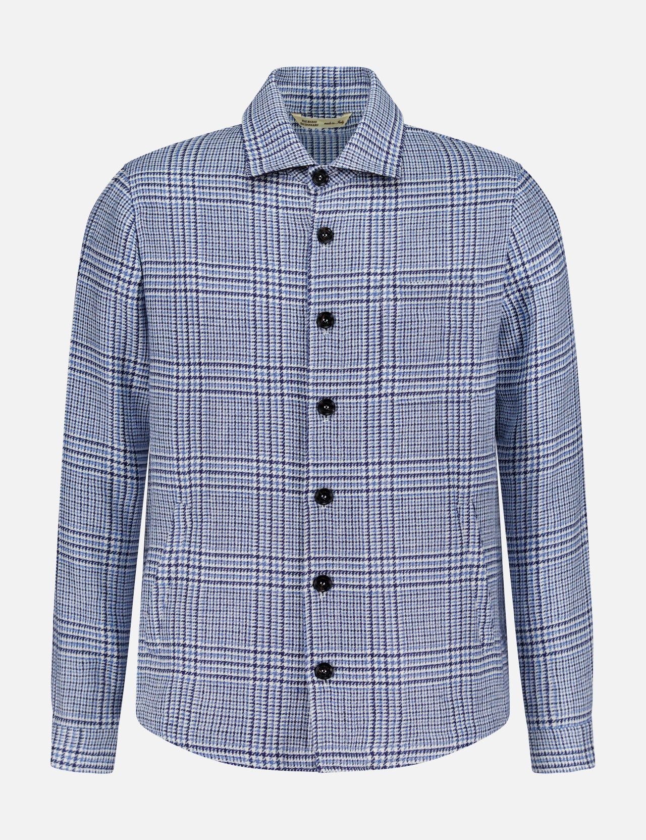 The MAURIZIO BALDASSARI Classic Pockets Plaid Overshirt is a long-sleeve, button-up jacket showcasing a blue and white micro houndstooth plaid pattern. Crafted from a premium hemp wool blend, it features black buttons and a classic collar, displayed against a white background.