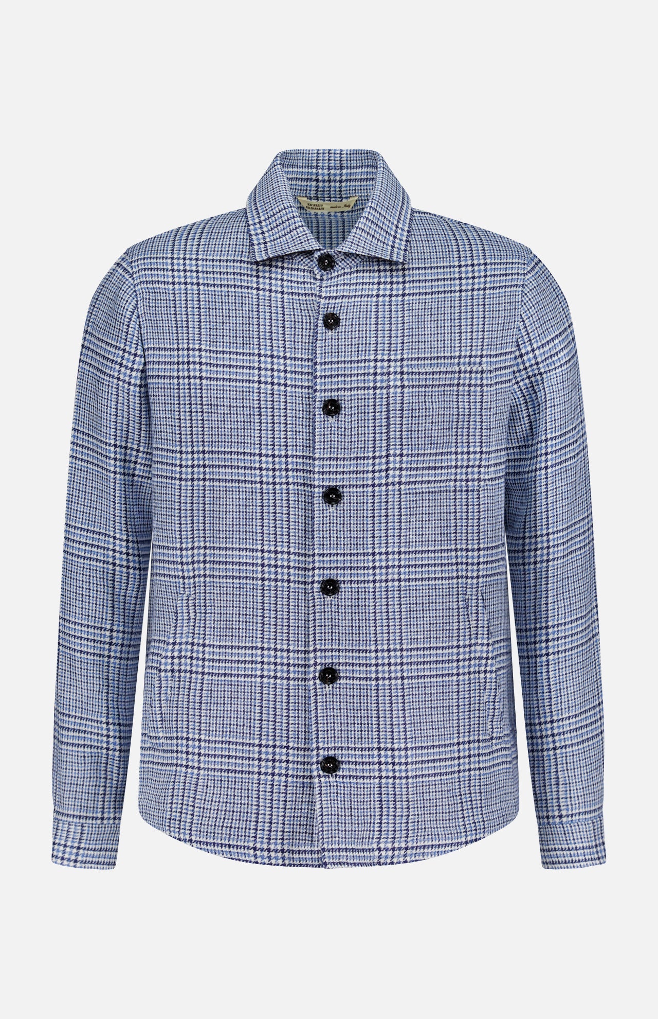The MAURIZIO BALDASSARI Classic Pockets Plaid Overshirt is a long-sleeve, button-up jacket showcasing a blue and white micro houndstooth plaid pattern. Crafted from a premium hemp wool blend, it features black buttons and a classic collar, displayed against a white background.