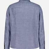 A back view of the MAURIZIO BALDASSARI Classic Pockets Plaid Overshirt, featuring long sleeves and a blue, black, and white micro houndstooth plaid pattern with buttons, displayed against a plain white background.