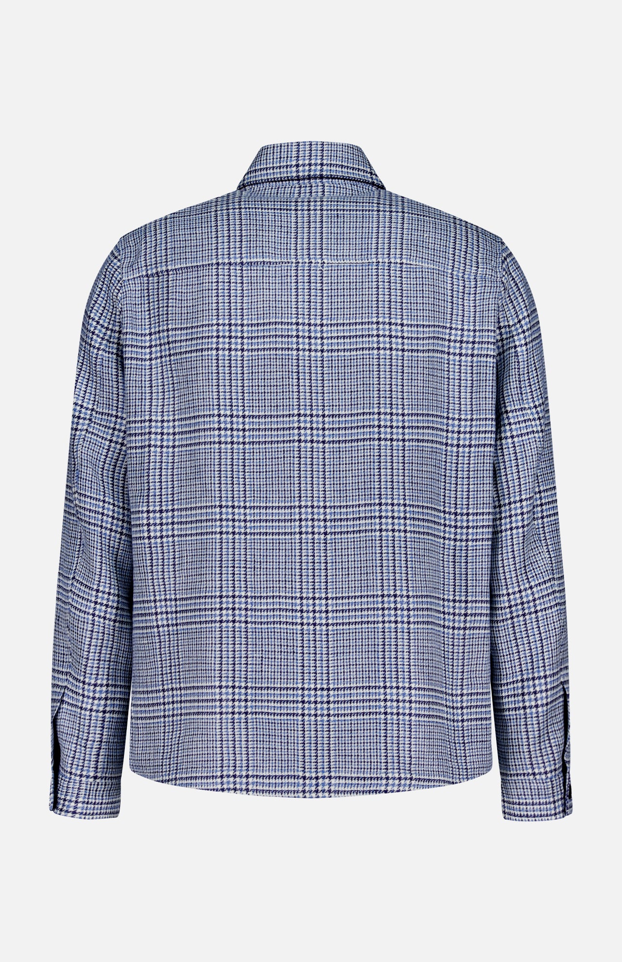 A back view of the MAURIZIO BALDASSARI Classic Pockets Plaid Overshirt, featuring long sleeves and a blue, black, and white micro houndstooth plaid pattern with buttons, displayed against a plain white background.