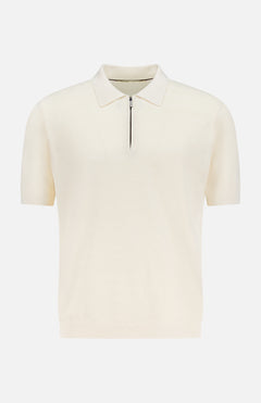 The Fresh Silk-Cotton Zip Polo Shirt by MAURIZIO BALDASSARI is a cream short-sleeve polo with a collar and zip neck placket, made in Italy and shown against a plain white background.