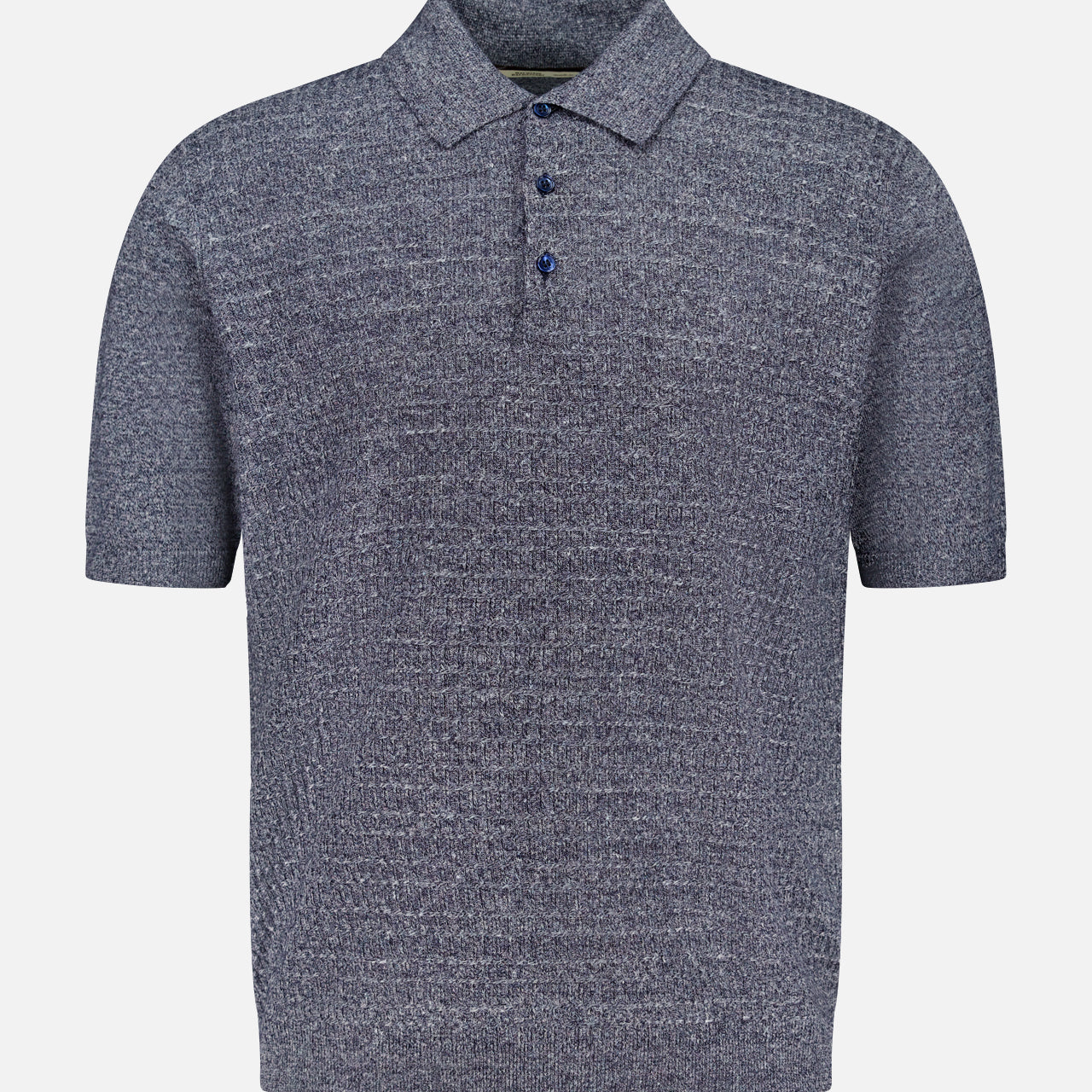 The MAURIZIO BALDASSARI Front Stitch 3B Polo Shirt is a short-sleeve grey linen-blend polo with a textured finish, classic collar, and three dark buttons on the placket, shown on a plain white background.