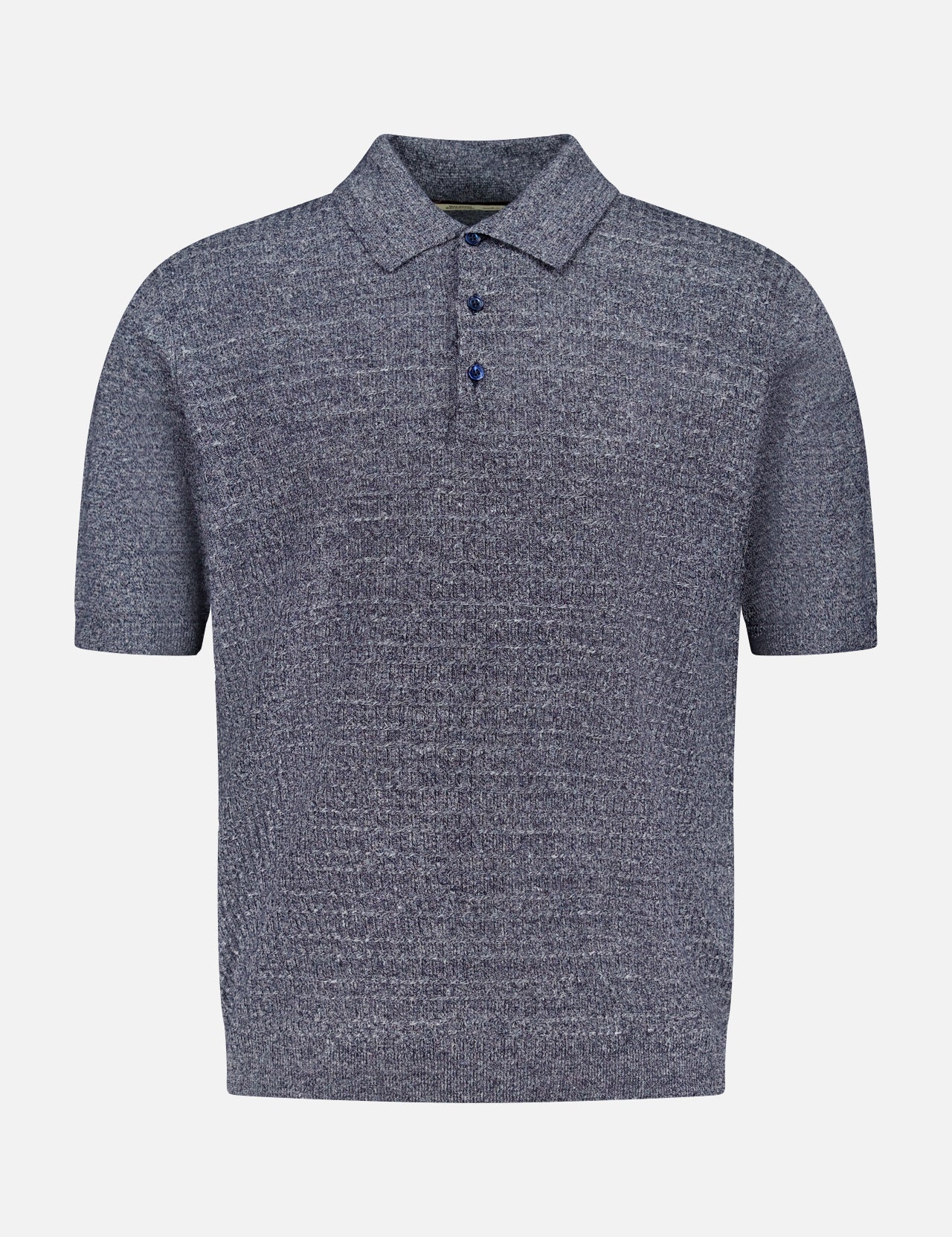 The MAURIZIO BALDASSARI Front Stitch 3B Polo Shirt is a short-sleeve grey linen-blend polo with a textured finish, classic collar, and three dark buttons on the placket, shown on a plain white background.
