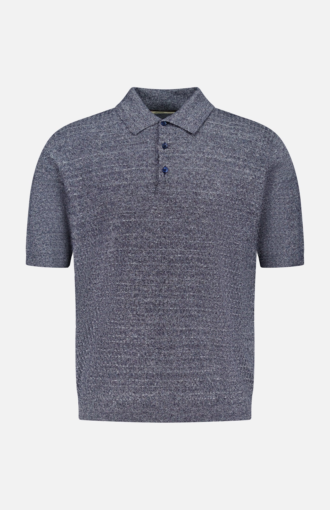 The MAURIZIO BALDASSARI Front Stitch 3B Polo Shirt is a short-sleeve grey linen-blend polo with a textured finish, classic collar, and three dark buttons on the placket, shown on a plain white background.