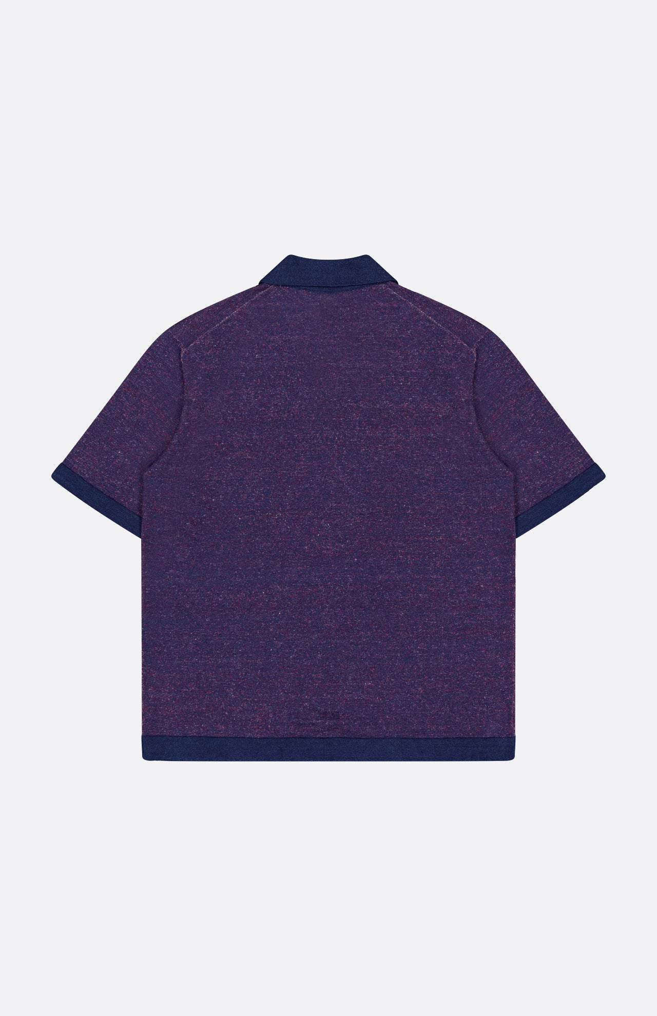 The MAURIZIO BALDASSARI Light Bicolor Johnny Collar Polo Shirt is a short-sleeved, dark purple linen-blend top with navy trim, shown from the back on a light background. Made in Italy.
