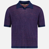 The MAURIZIO BALDASSARI Light Bicolor Johnny Collar Polo Shirt is a short-sleeved, linen-blend polo in dark purple and red heathered fabric with solid navy trim on the collar, cuffs, and hem. Made in Italy and shown on a white background.