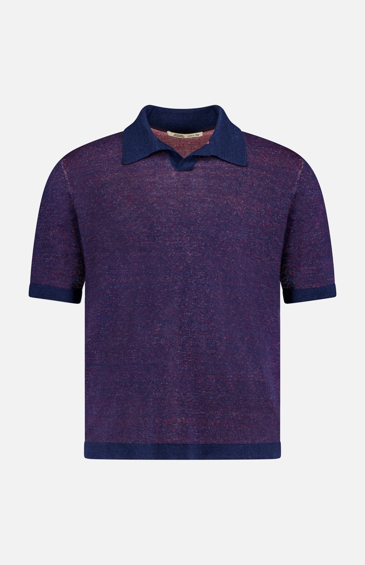 The MAURIZIO BALDASSARI Light Bicolor Johnny Collar Polo Shirt is a short-sleeved, linen-blend polo in dark purple and red heathered fabric with solid navy trim on the collar, cuffs, and hem. Made in Italy and shown on a white background.