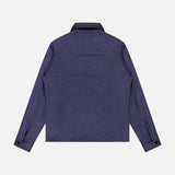 The MAURIZIO BALDASSARI Light Classic Overshirt in navy blue is a lightweight Italian-made layer, shown flat from the back with a straight hem, pointed collar, and buttoned cuffs.