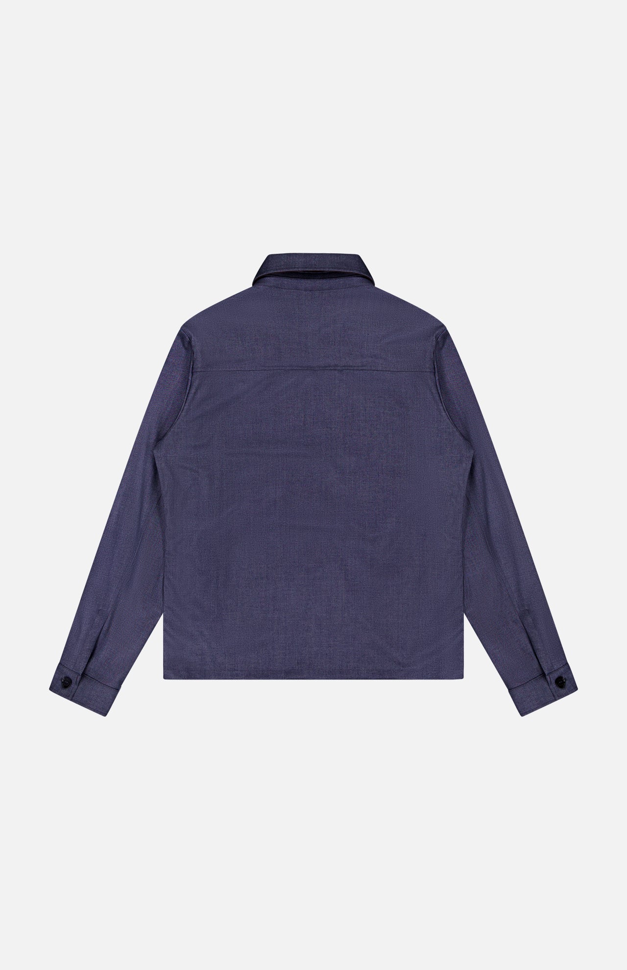The MAURIZIO BALDASSARI Light Classic Overshirt in navy blue is a lightweight Italian-made layer, shown flat from the back with a straight hem, pointed collar, and buttoned cuffs.