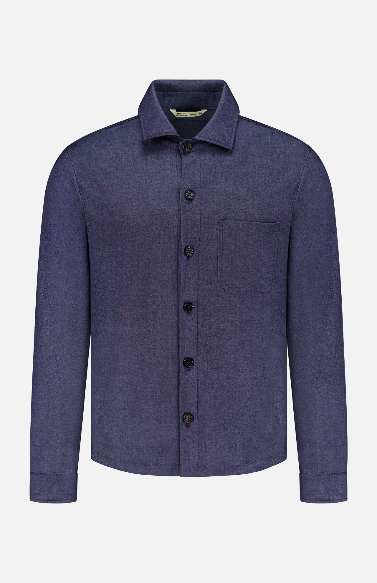 The MAURIZIO BALDASSARI Light Classic Overshirt is a dark blue, long-sleeve cashmere shirt with a single chest pocket, black buttons, and a classic collar. Made in Italy for lightweight layering. Displayed on a plain white background.