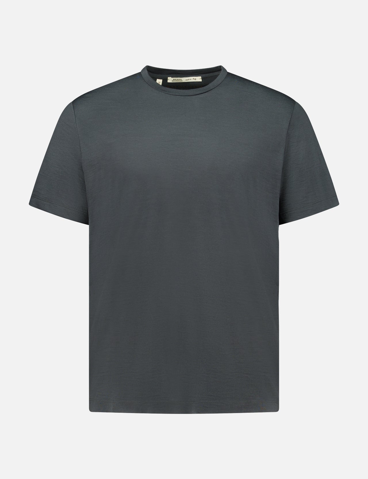 The Linate Short Sleeve T-Shirt by MAURIZIO BALDASSARI is a dark gray, crew neck T-shirt with short sleeves, made in Italy and shown against a white background.