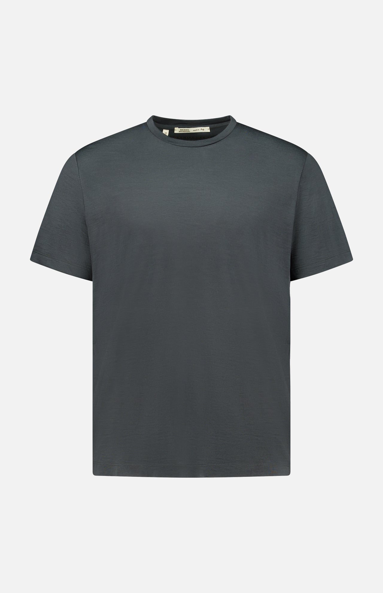 The Linate Short Sleeve T-Shirt by MAURIZIO BALDASSARI is a dark gray, crew neck T-shirt with short sleeves, made in Italy and shown against a white background.