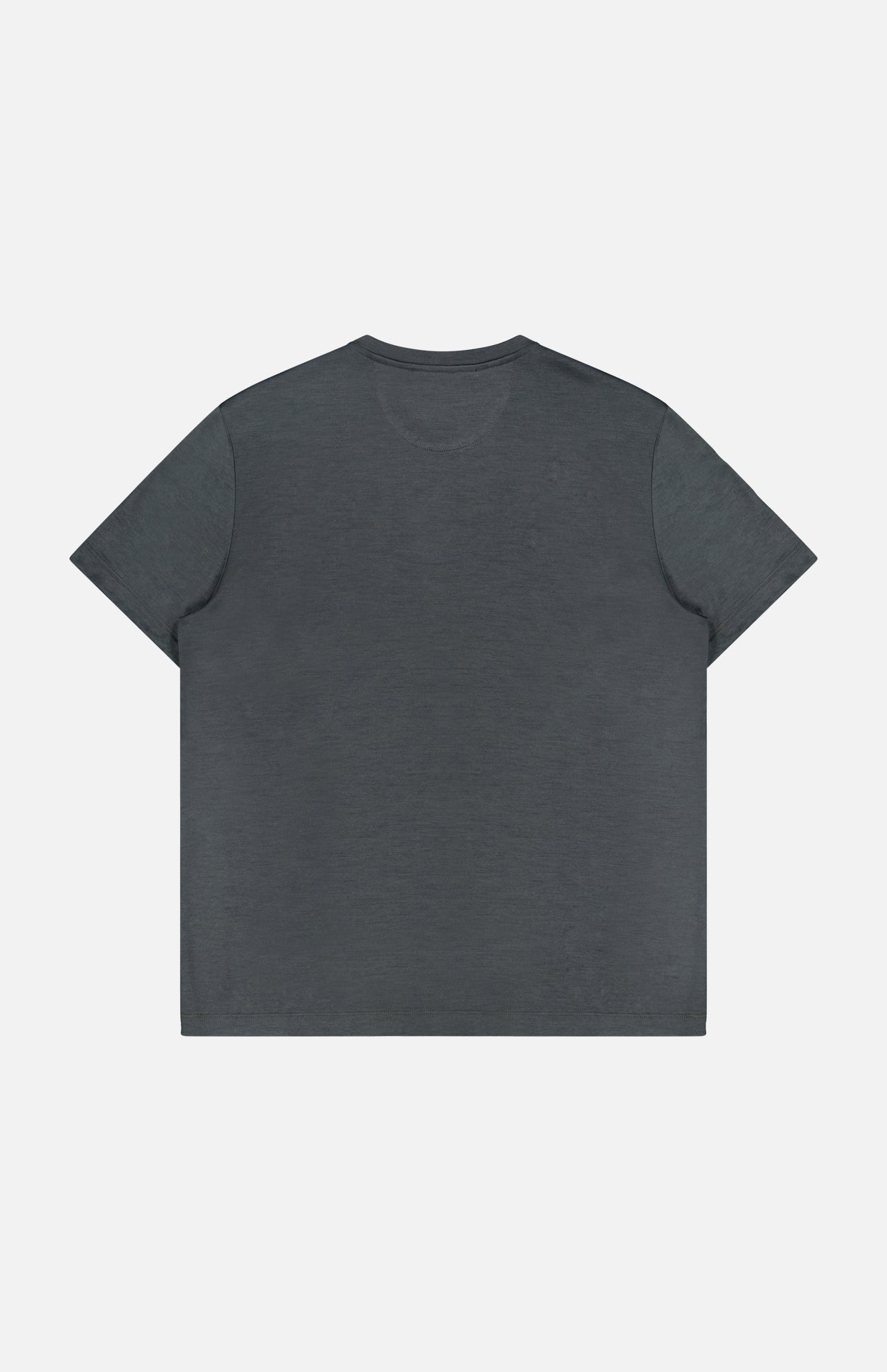 The MAURIZIO BALDASSARI Linate Short Sleeve T-Shirt in plain dark gray virgin wool is displayed flat with the back side facing up against a white background.