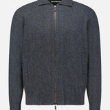 Maurizio Baldassari Mouline Zipped Knit Overshirt in dark blue virgin wool, featuring a zip-up design, polo collar, and ribbed cuffs and hem.
