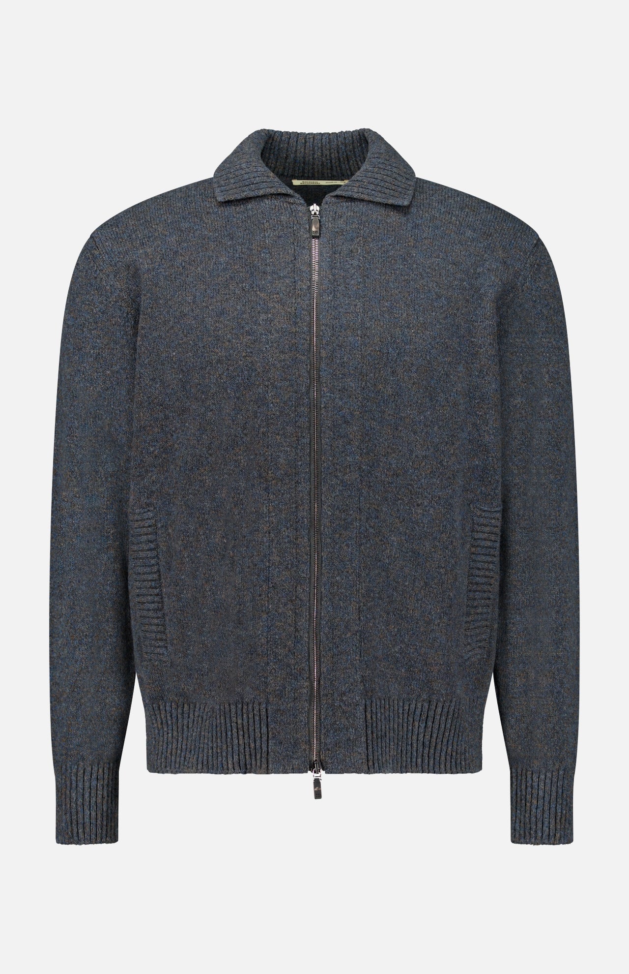 Maurizio Baldassari Mouline Zipped Knit Overshirt in dark blue virgin wool, featuring a zip-up design, polo collar, and ribbed cuffs and hem.