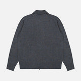 Back view of a blue-grey, charcoal-flecked Maurizio Baldassari Mouline Zipped Knit Overshirt in virgin wool with a ribbed collar and hem.