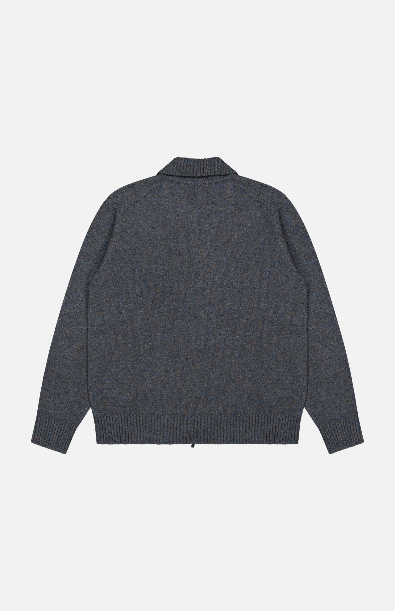 Back view of a blue-grey, charcoal-flecked Maurizio Baldassari Mouline Zipped Knit Overshirt in virgin wool with a ribbed collar and hem.