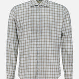 The MAURIZIO BALDASSARI Santini Spread Collar Dress Shirt is a long-sleeve, button-up cotton shirt featuring a beige, brown, and white plaid pattern. Made in Italy, it is displayed on a plain white background.