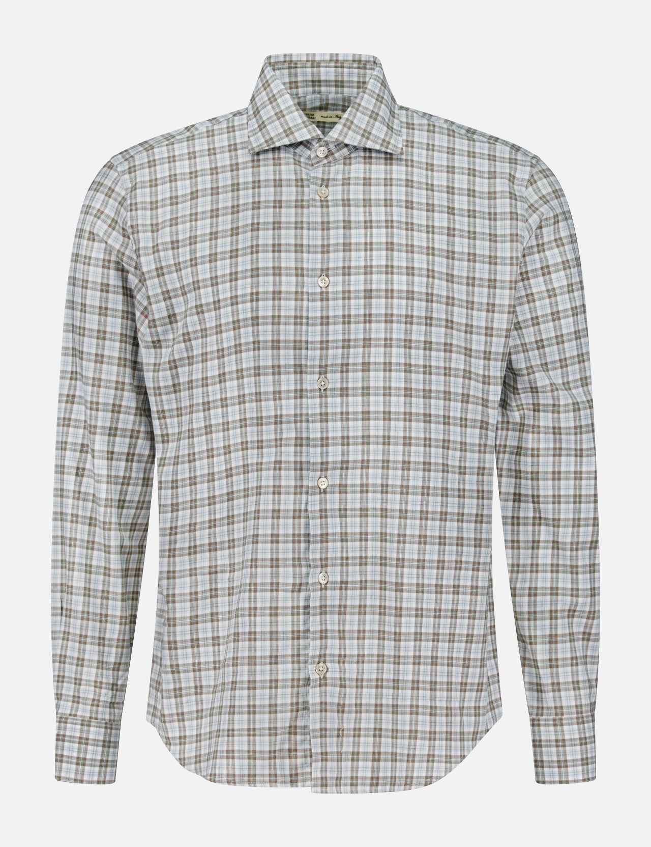 The MAURIZIO BALDASSARI Santini Spread Collar Dress Shirt is a long-sleeve, button-up cotton shirt featuring a beige, brown, and white plaid pattern. Made in Italy, it is displayed on a plain white background.