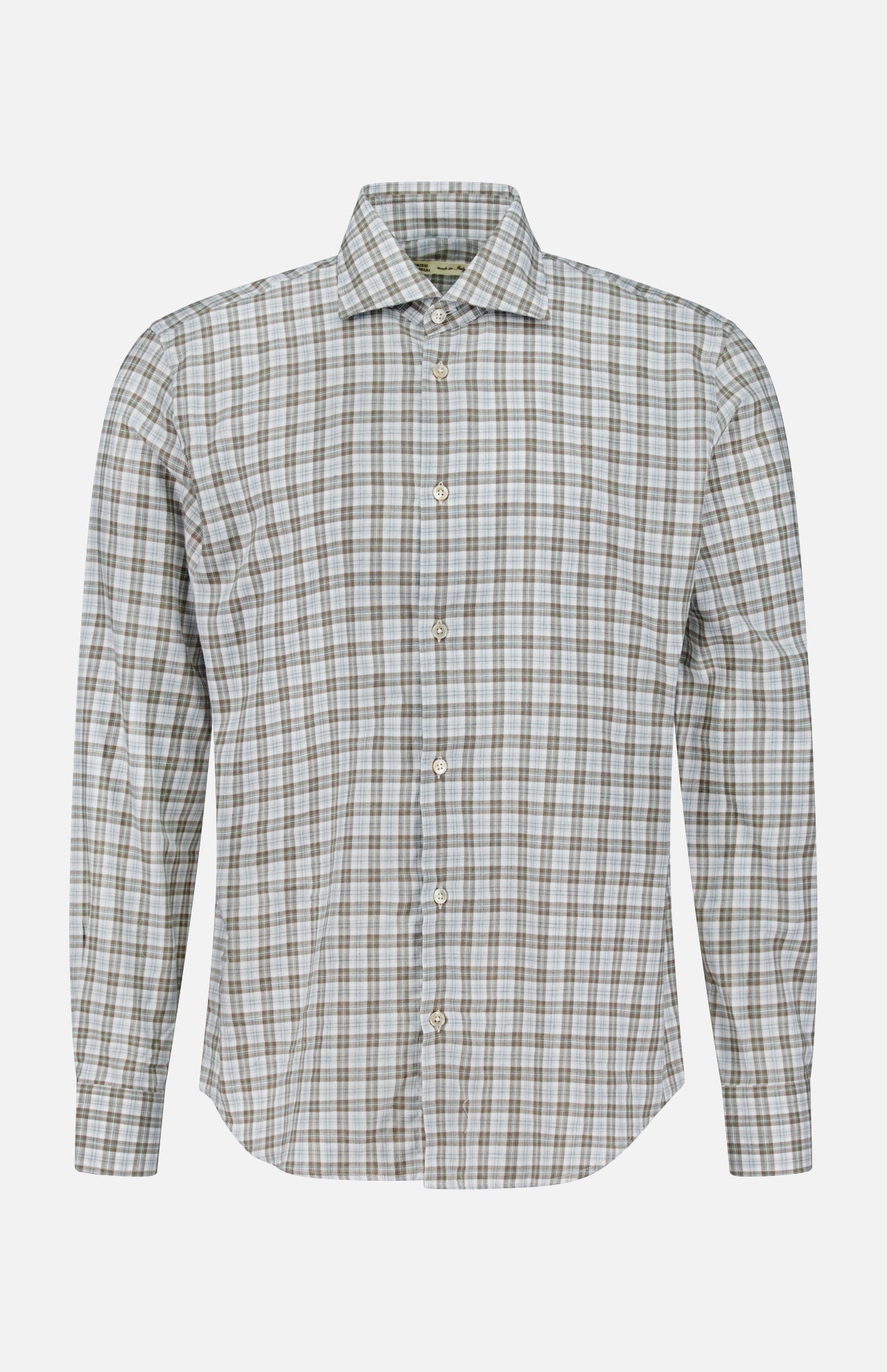 The MAURIZIO BALDASSARI Santini Spread Collar Dress Shirt is a long-sleeve, button-up cotton shirt featuring a beige, brown, and white plaid pattern. Made in Italy, it is displayed on a plain white background.