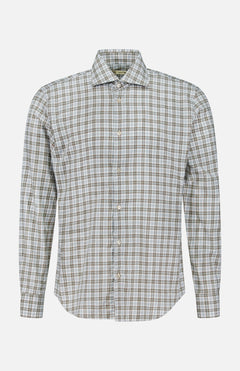 The MAURIZIO BALDASSARI Santini Spread Collar Dress Shirt is a long-sleeve, button-up cotton shirt featuring a beige, brown, and white plaid pattern. Made in Italy, it is displayed on a plain white background.