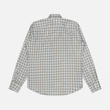 The Santini Spread Collar Dress Shirt by MAURIZIO BALDASSARI is a long-sleeve, button-up cotton shirt with a spread collar, featuring a plaid pattern in shades of white, brown, and blue. Shown from the back on a white background, this classic piece is crafted in Italy for exceptional quality and timeless style.