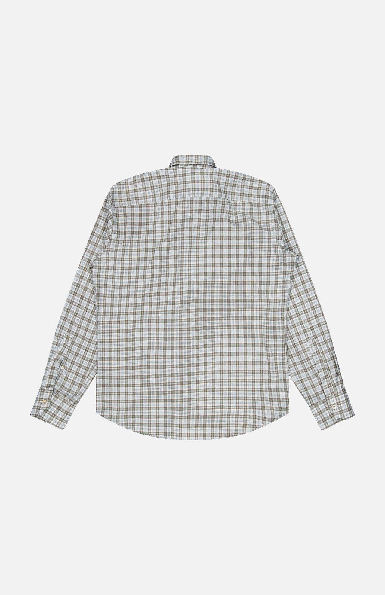 The Santini Spread Collar Dress Shirt by MAURIZIO BALDASSARI is a long-sleeve, button-up cotton shirt with a spread collar, featuring a plaid pattern in shades of white, brown, and blue. Shown from the back on a white background, this classic piece is crafted in Italy for exceptional quality and timeless style.