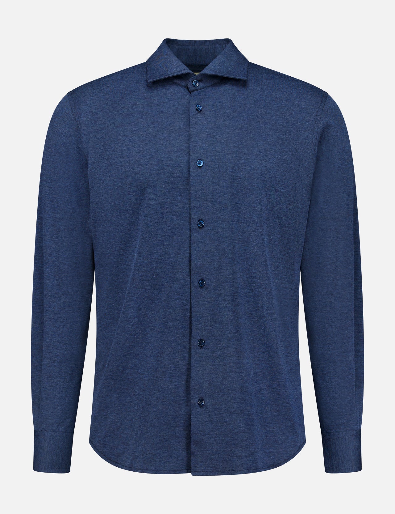 The MAURIZIO BALDASSARI Santini Spread Collar Shirt, a long-sleeved, button-up collared shirt in a solid dark blue hue, is displayed against a plain white background—an ideal addition for elevating your smart casual wardrobe.