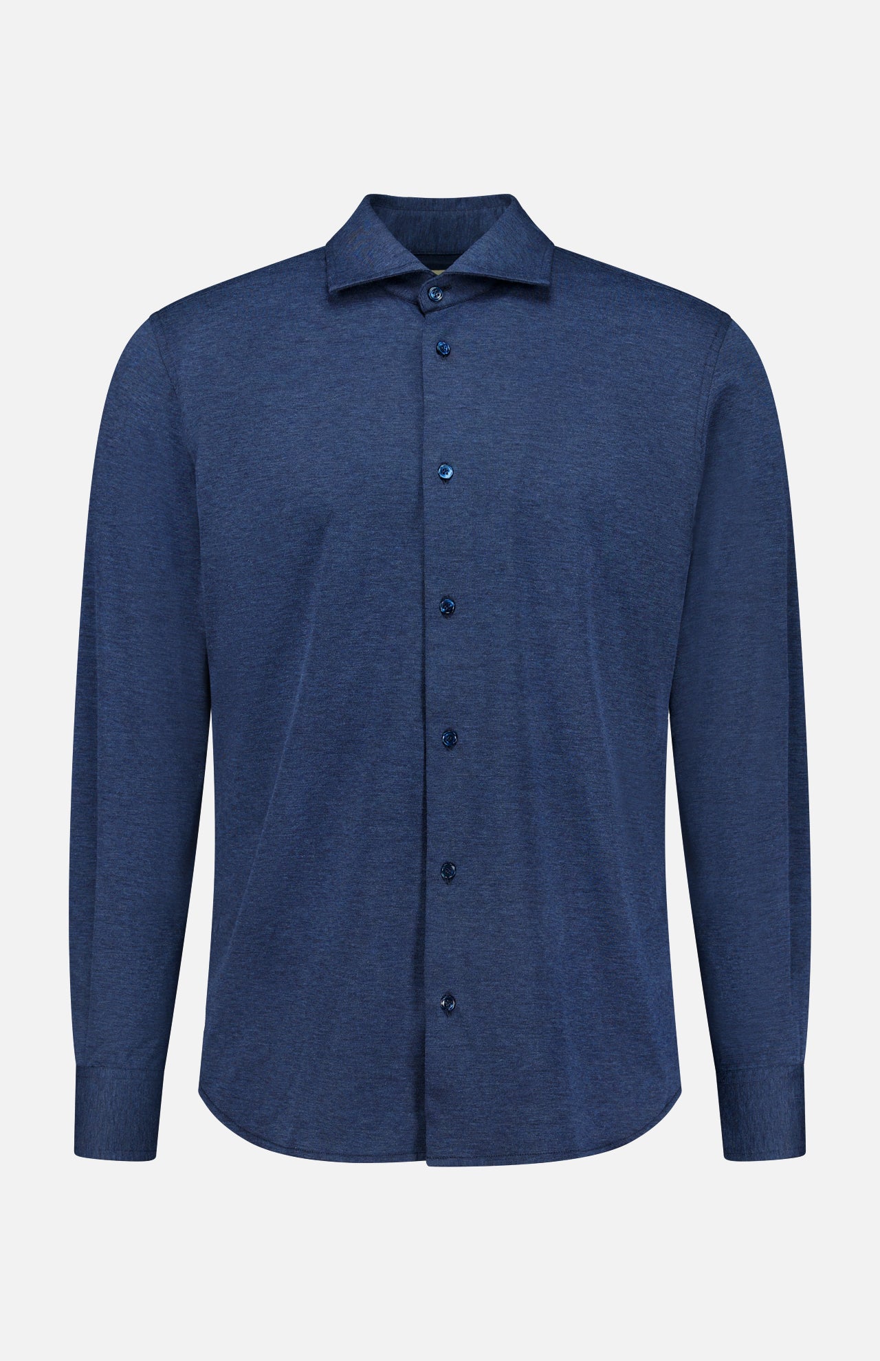 The MAURIZIO BALDASSARI Santini Spread Collar Shirt, a long-sleeved, button-up collared shirt in a solid dark blue hue, is displayed against a plain white background—an ideal addition for elevating your smart casual wardrobe.