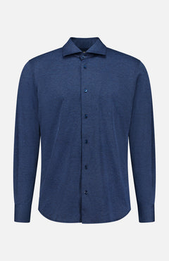 The MAURIZIO BALDASSARI Santini Spread Collar Shirt, a long-sleeved, button-up collared shirt in a solid dark blue hue, is displayed against a plain white background—an ideal addition for elevating your smart casual wardrobe.