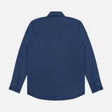 The MAURIZIO BALDASSARI Santini Spread Collar Shirt, featuring long sleeves in a dark navy shade, is laid flat and displayed from the back against a plain white background—masterfully crafted in Italy and ideal for a smart casual look.