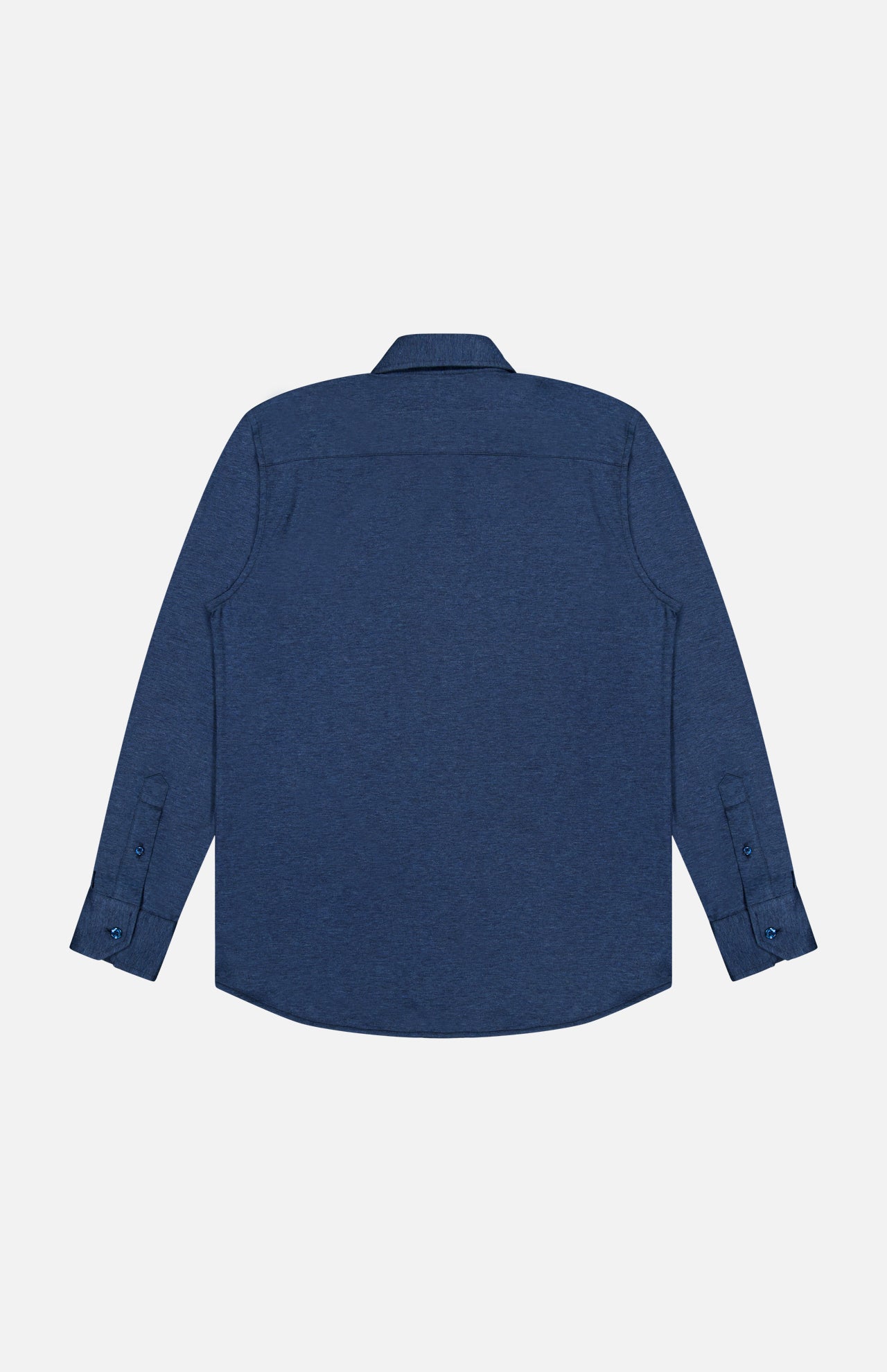 The MAURIZIO BALDASSARI Santini Spread Collar Shirt, featuring long sleeves in a dark navy shade, is laid flat and displayed from the back against a plain white background—masterfully crafted in Italy and ideal for a smart casual look.