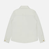 Back view of the MAURIZIO BALDASSARI Solferino Wool Overshirt in off-white, featuring a collar and buttoned cuffs, expertly crafted from luxurious virgin wool in Italy, displayed against a plain white background.