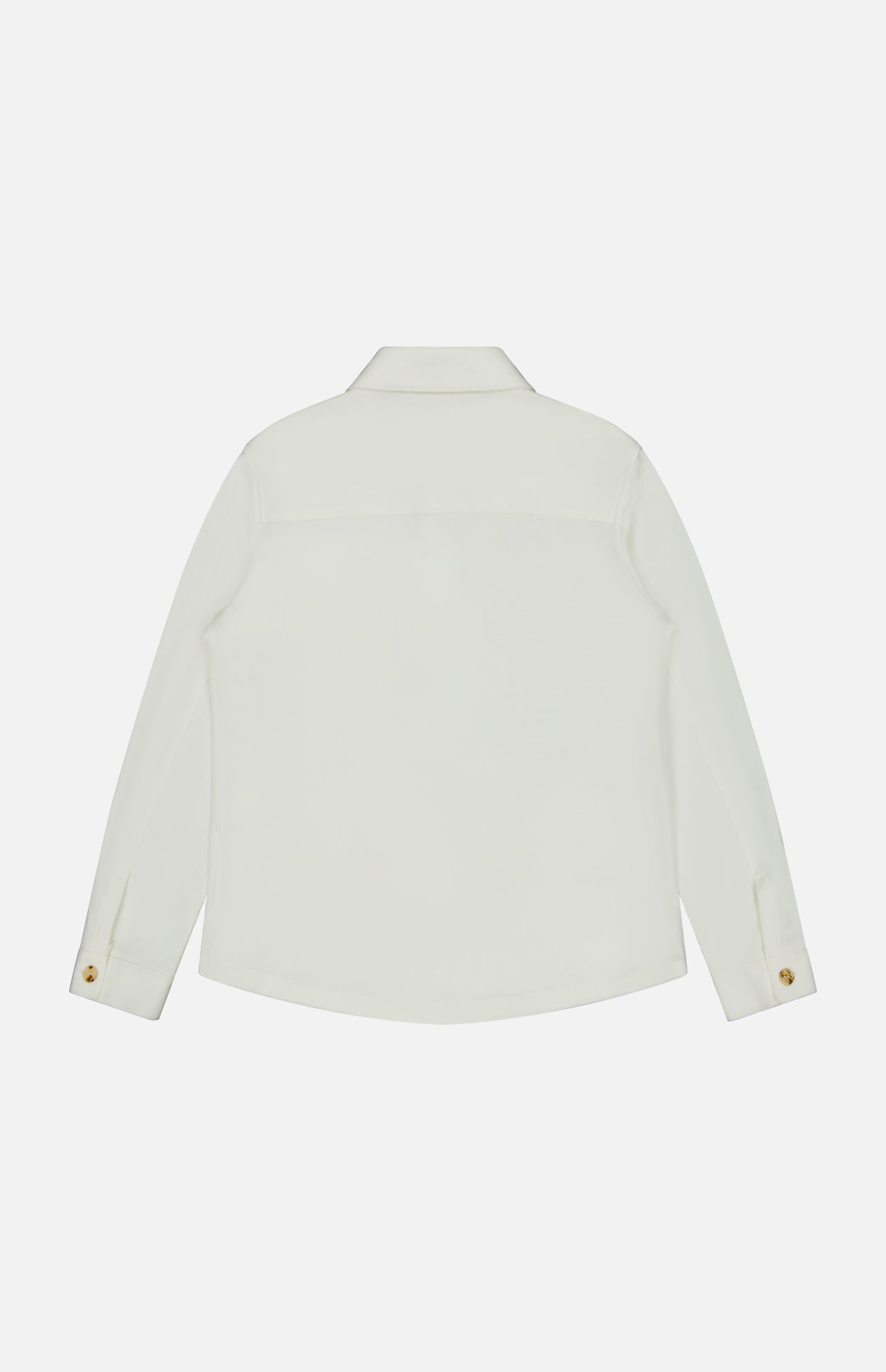 Back view of the MAURIZIO BALDASSARI Solferino Wool Overshirt in off-white, featuring a collar and buttoned cuffs, expertly crafted from luxurious virgin wool in Italy, displayed against a plain white background.
