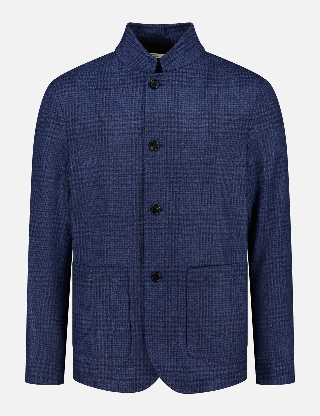 The Stendhal Stand Collar 4 Button Jacket by MAURIZIO BALDASSARI is a men’s blue checkered blazer featuring a stand collar, four front buttons, and two front pockets. Made in Italy, it is shown against a plain white background.