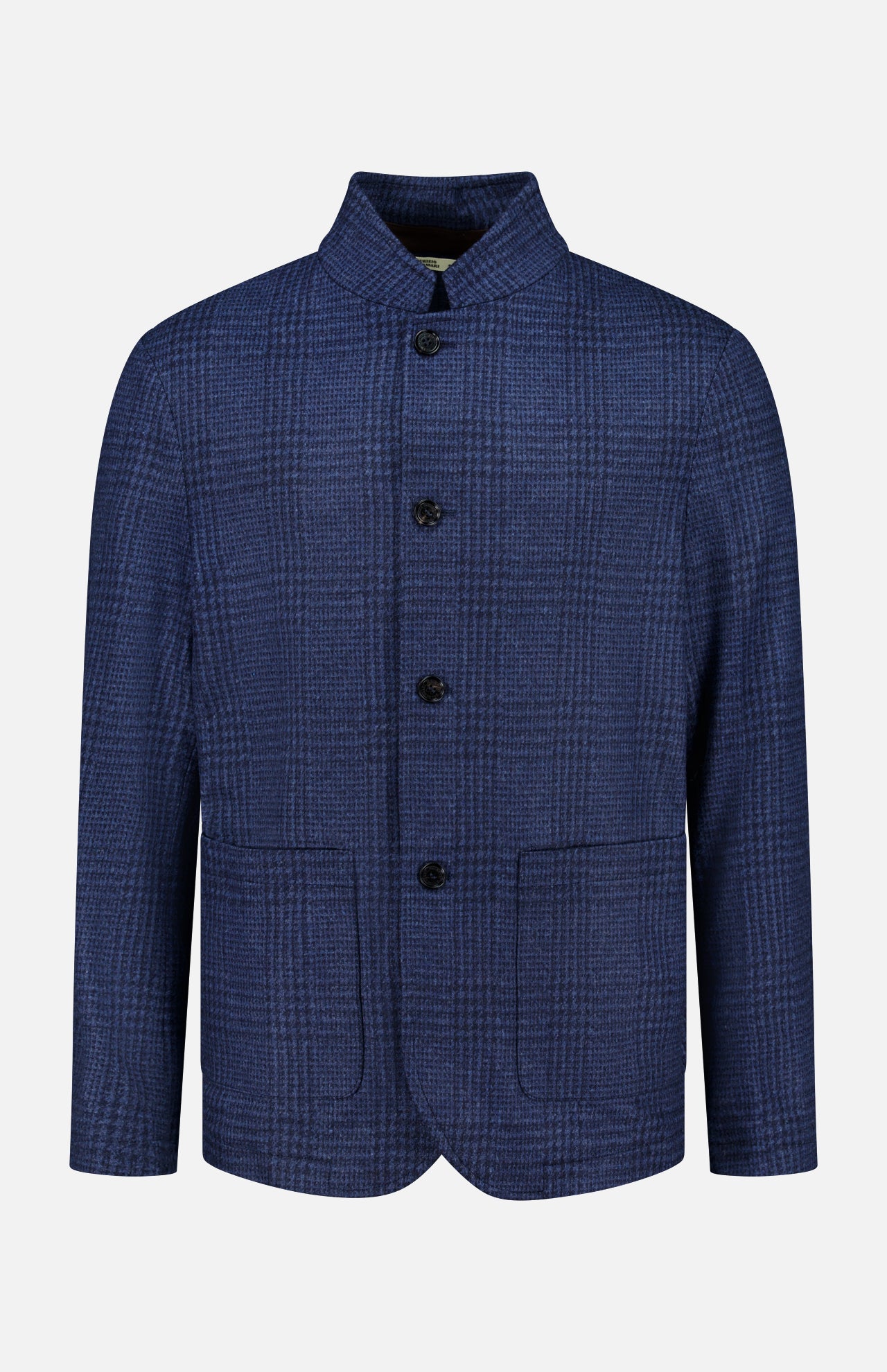 The Stendhal Stand Collar 4 Button Jacket by MAURIZIO BALDASSARI is a men’s blue checkered blazer featuring a stand collar, four front buttons, and two front pockets. Made in Italy, it is shown against a plain white background.