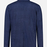 The Stendhal Stand Collar 4 Button Jacket by MAURIZIO BALDASSARI is displayed from the back against a plain light background. Made in Italy, this navy blue jacket features long sleeves, a subtle plaid pattern, and a single back vent.