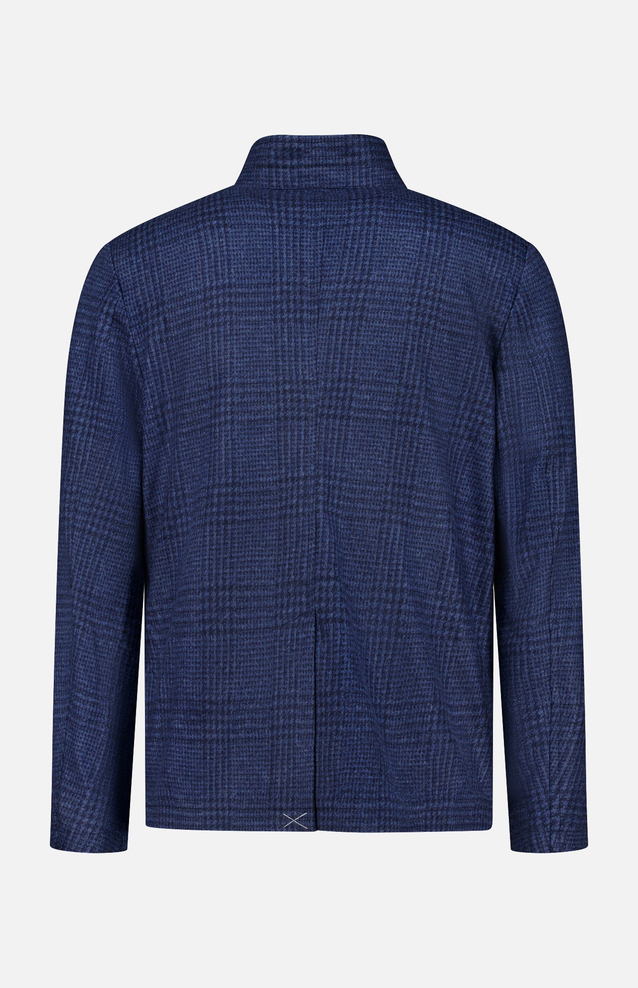 The Stendhal Stand Collar 4 Button Jacket by MAURIZIO BALDASSARI is displayed from the back against a plain light background. Made in Italy, this navy blue jacket features long sleeves, a subtle plaid pattern, and a single back vent.