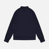 The Tennis Details Zip Sweater by MAURIZIO BALDASSARI is a navy blue Italian-crafted jacket with a collar, ribbed cuffs, straight hem, and long sleeves, shown from the back for timeless style.