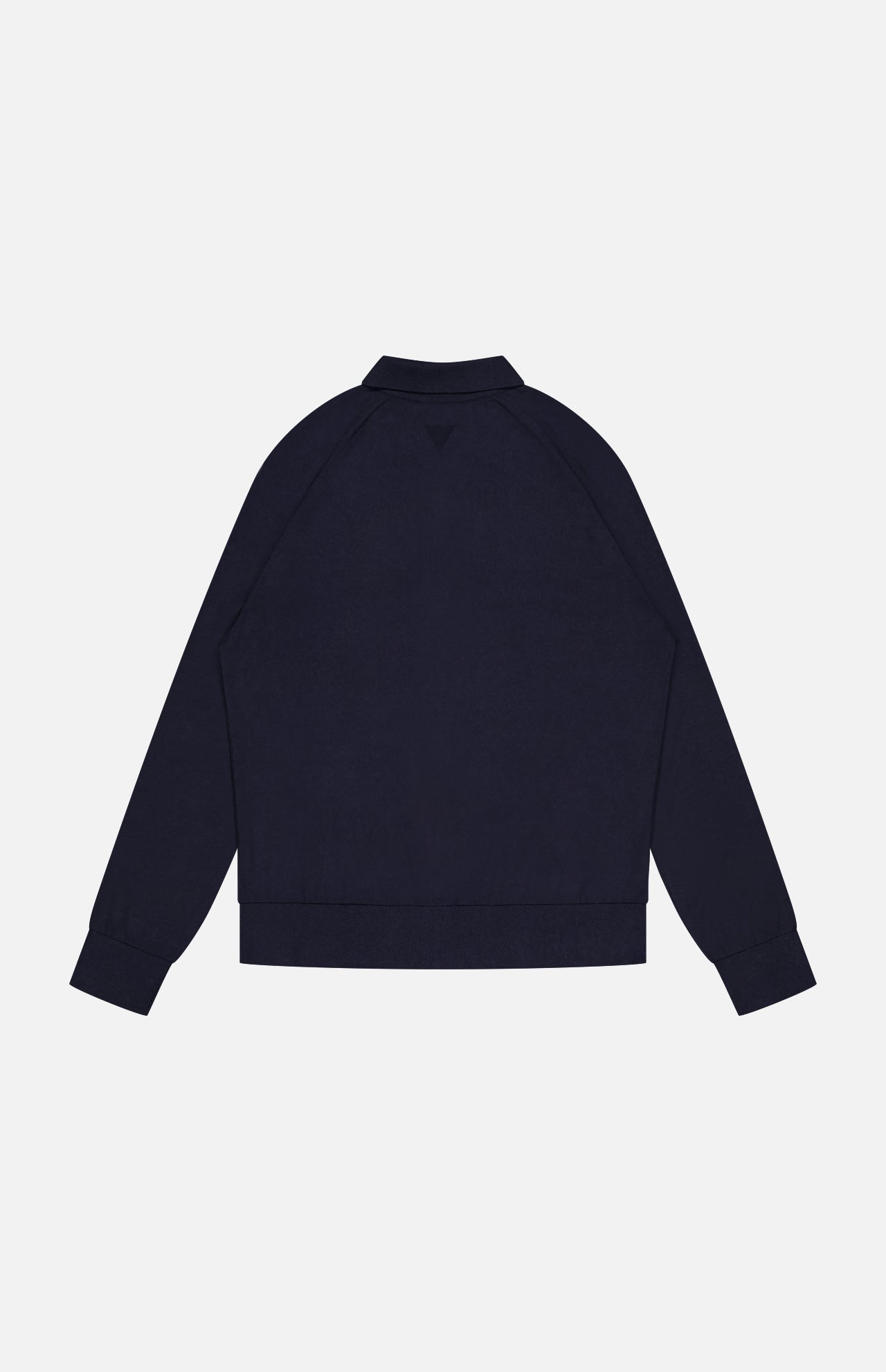 The Tennis Details Zip Sweater by MAURIZIO BALDASSARI is a navy blue Italian-crafted jacket with a collar, ribbed cuffs, straight hem, and long sleeves, shown from the back for timeless style.