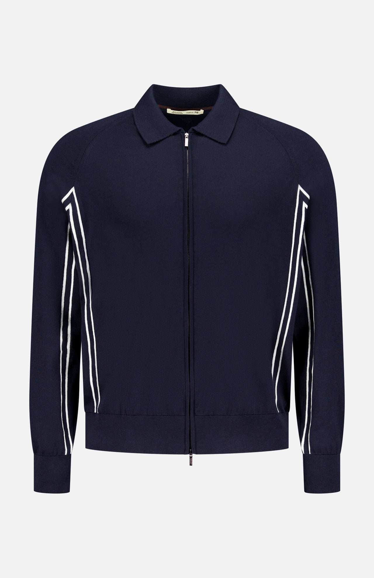 The Tennis Details Zip Sweater by MAURIZIO BALDASSARI is a navy zip-up with a collar, long sleeves, and white diagonal stripes. Made in Italy, it features a minimal design with ribbed cuffs and hem.
