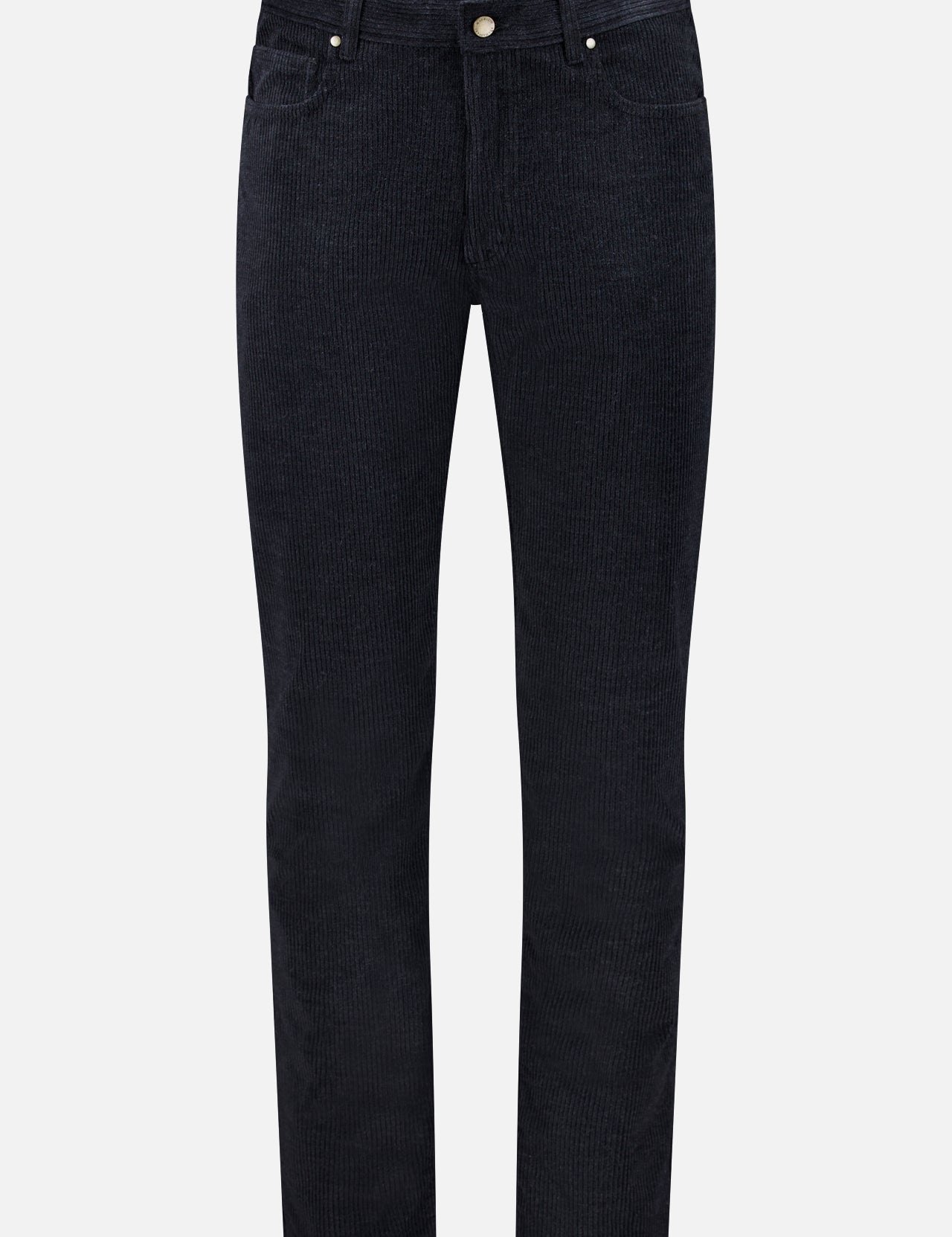 Presented on a plain white background, the MAURIZIO BALDASSARI Treves Five Pocket Corduroy Pants feature a classic black hue, straight-leg cut, front and back pockets, and a button closure—exquisitely crafted in Italy.