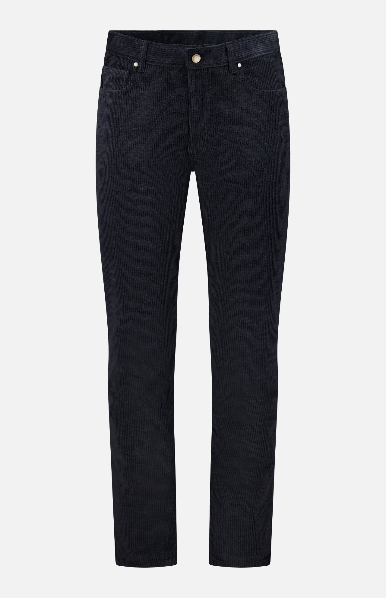 Presented on a plain white background, the MAURIZIO BALDASSARI Treves Five Pocket Corduroy Pants feature a classic black hue, straight-leg cut, front and back pockets, and a button closure—exquisitely crafted in Italy.