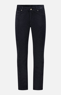 Presented on a plain white background, the MAURIZIO BALDASSARI Treves Five Pocket Corduroy Pants feature a classic black hue, straight-leg cut, front and back pockets, and a button closure—exquisitely crafted in Italy.