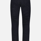 A pair of MAURIZIO BALDASSARI Treves Five Pocket Corduroy Pants in dark navy blue, crafted in Italy and displayed from the back, featuring two back pockets and a brown patch on the waistband, set against a white background.